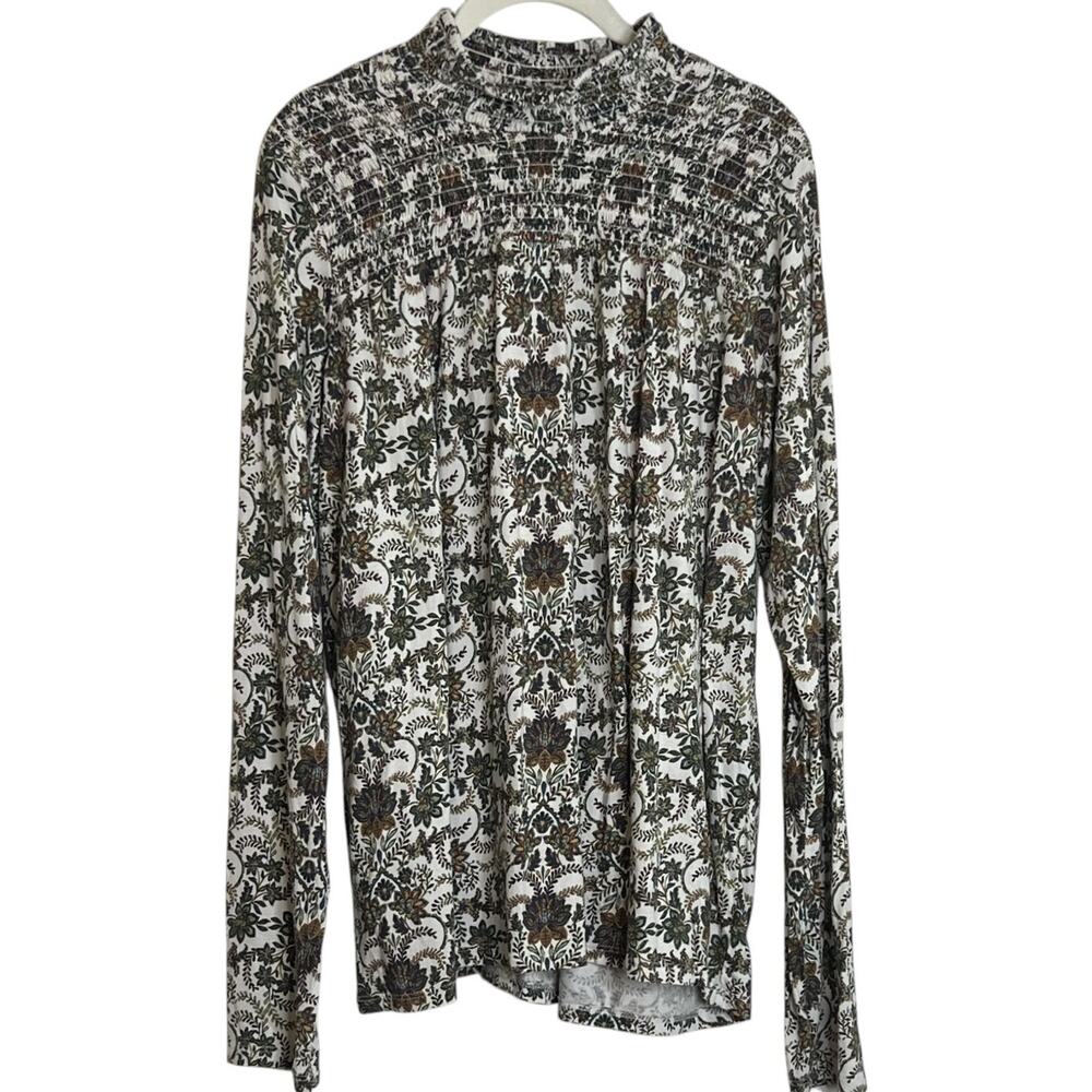 J. Jill Smocked Mock Neck Knit Top Large Tall Ivory Olive Paisley Long Sleeve